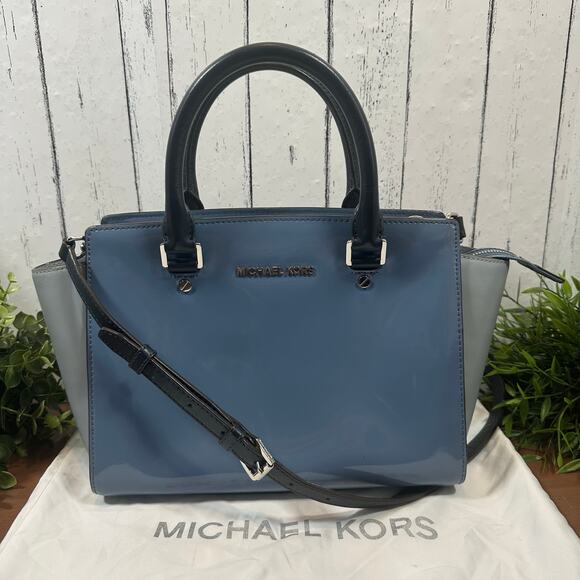 Michael Kors Selma Medium Patent Colorblock Satchel Handbag - Picture 1 of 13